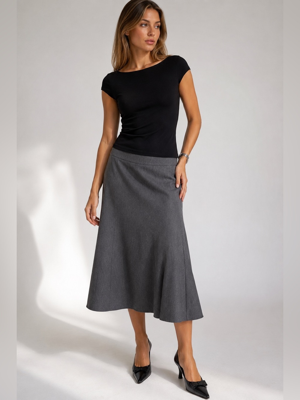 Jones New York Gray Virgin Wool Blend Flare Midi Skirt Size 6 Y2K